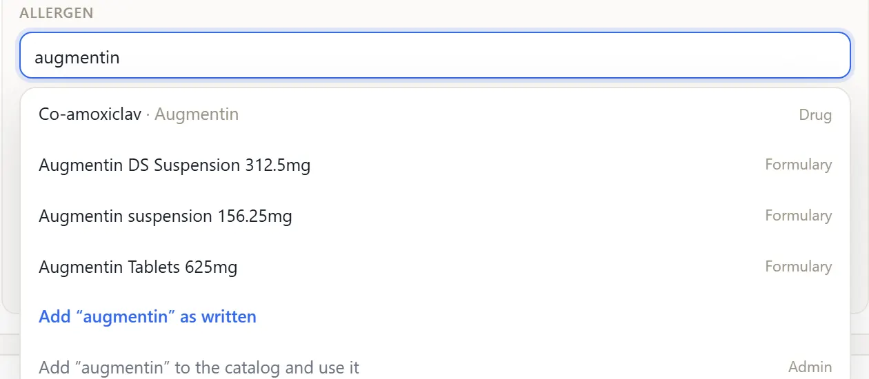 Allergen search with 'augmentin' typed: Co-amoxiclav · Augmentin (Drug), then three Augmentin formulary items, and 'Add augmentin as written'.