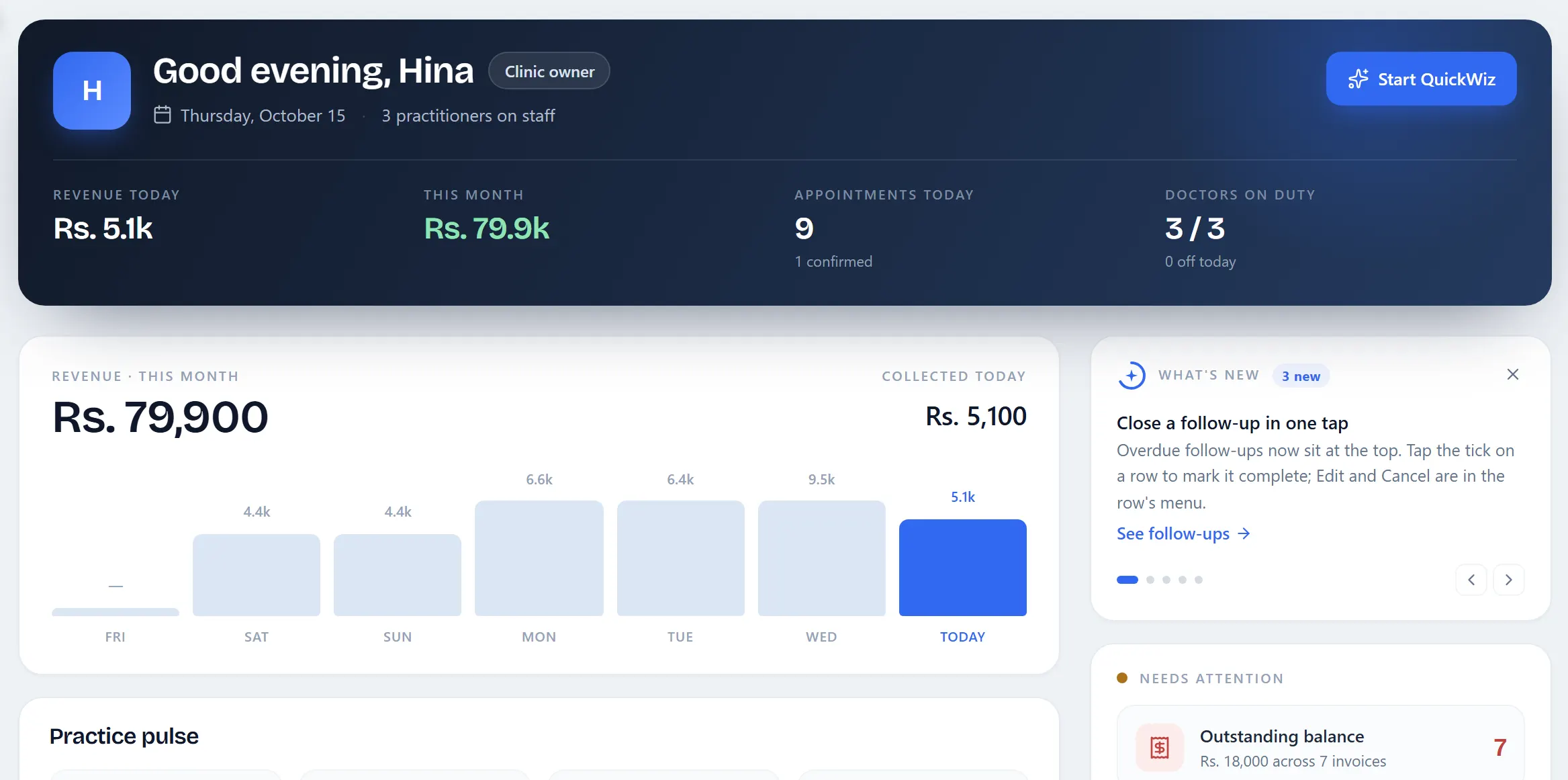 Owner dashboard: revenue today Rs. 5.1k, this month Rs. 79.9k, 9 appointments, doctors on duty and a 7-day revenue chart.
