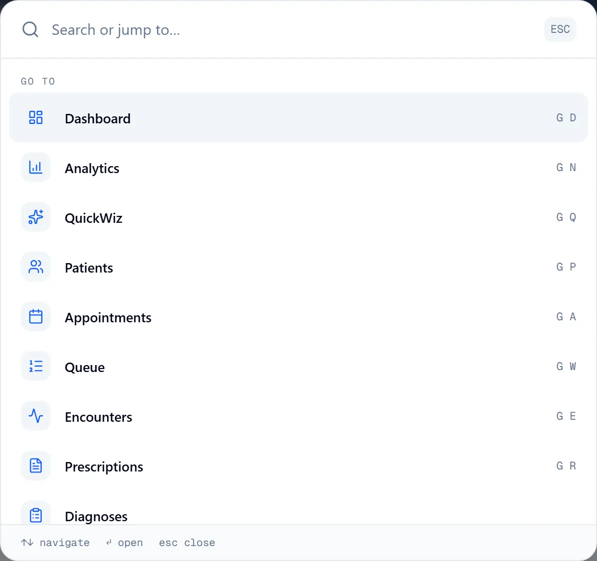 Command palette: Go to list with G-key shortcuts for Dashboard, Analytics, QuickWiz, Patients, Appointments and Queue.