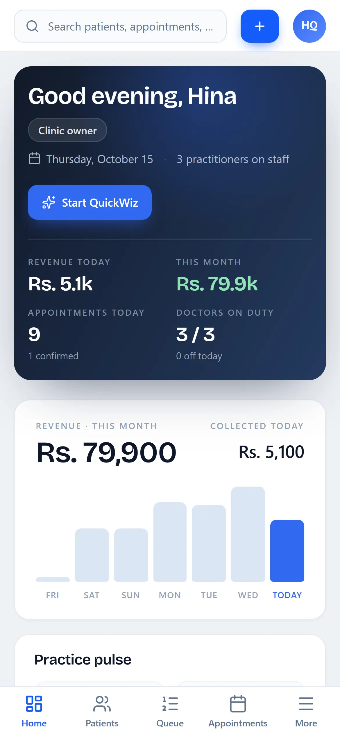 Tibb OS on a phone: the dashboard with revenue, appointments and doctors on duty.
