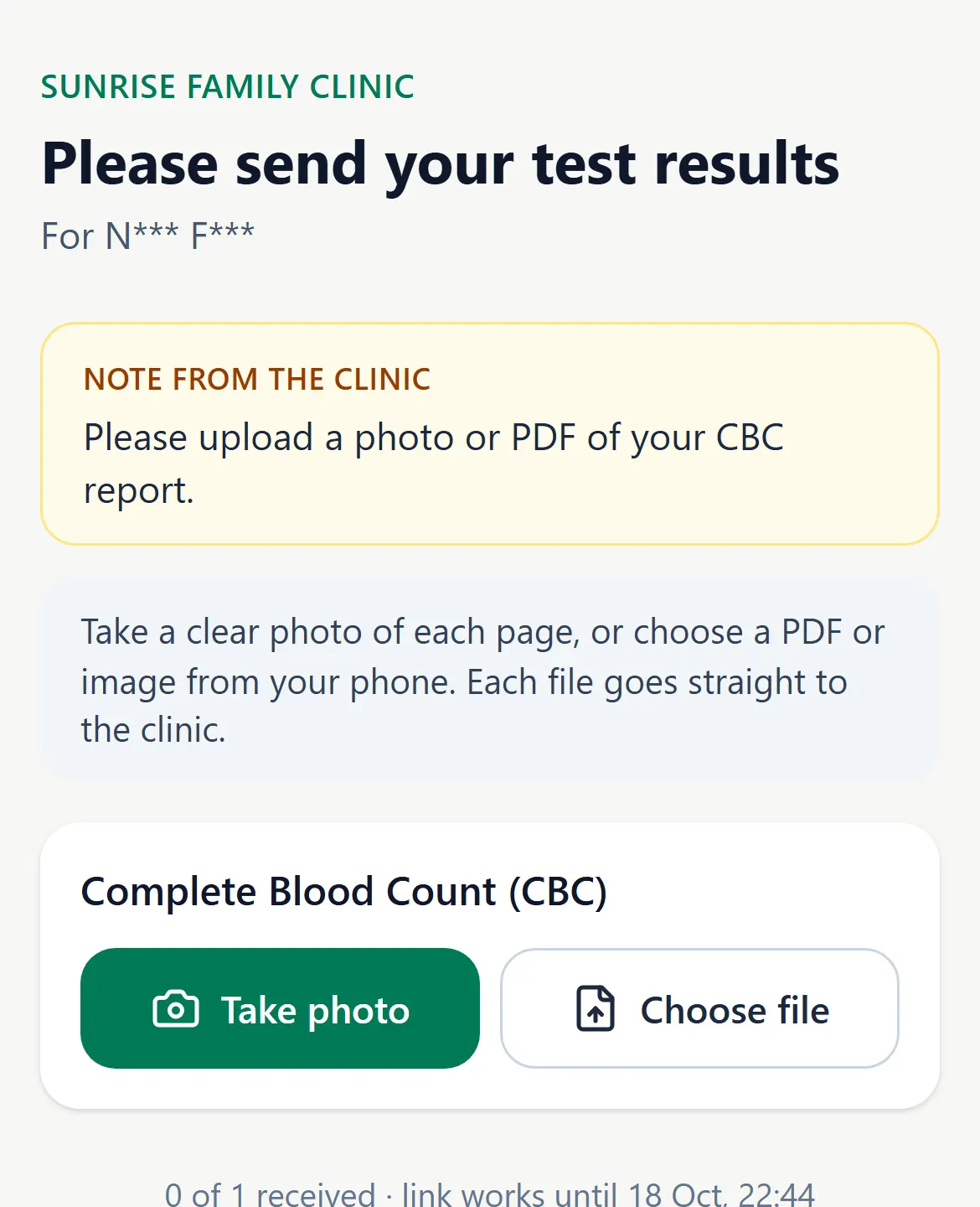 Patient upload page: Please send your test results, Take photo, Choose file.