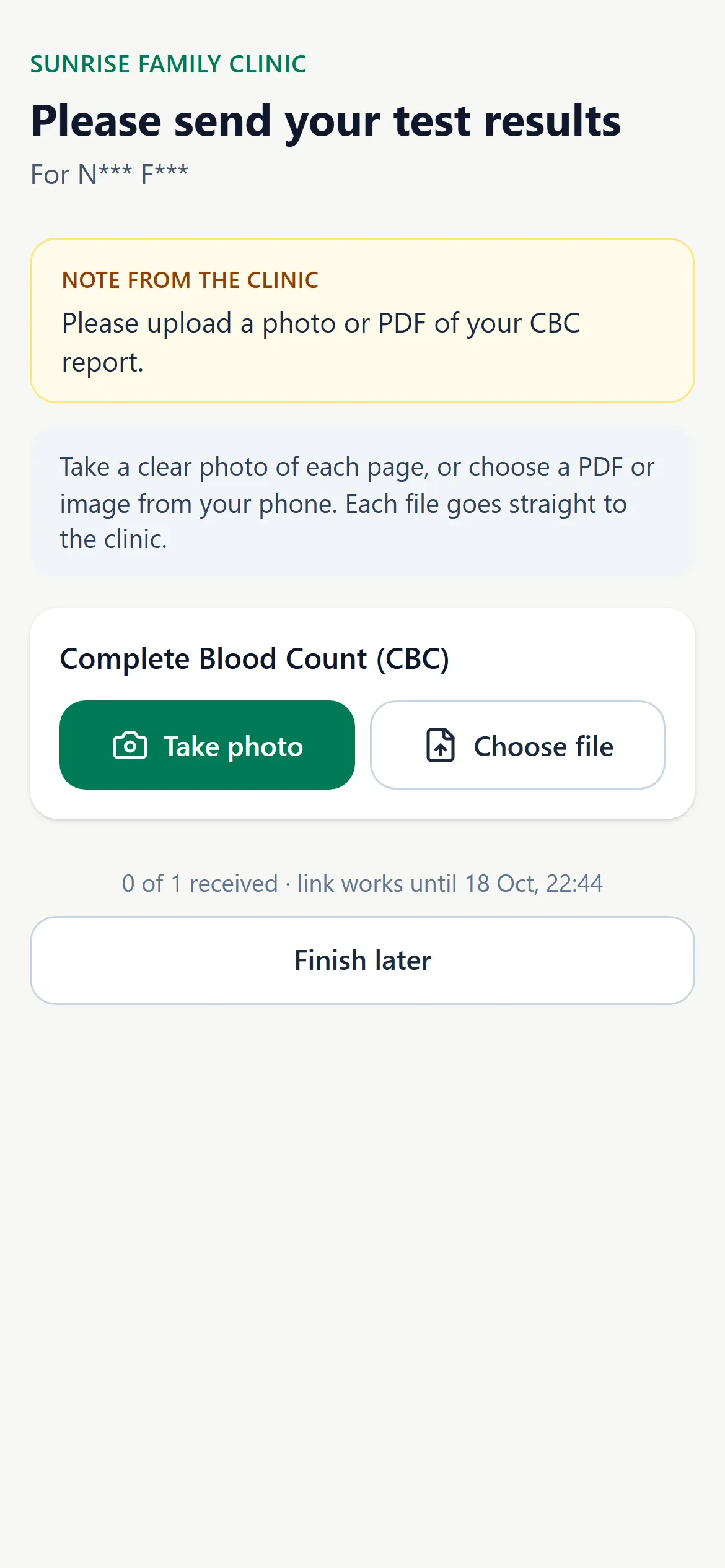 Upload page on the patient's phone: Please send your test results, Take photo or Choose file