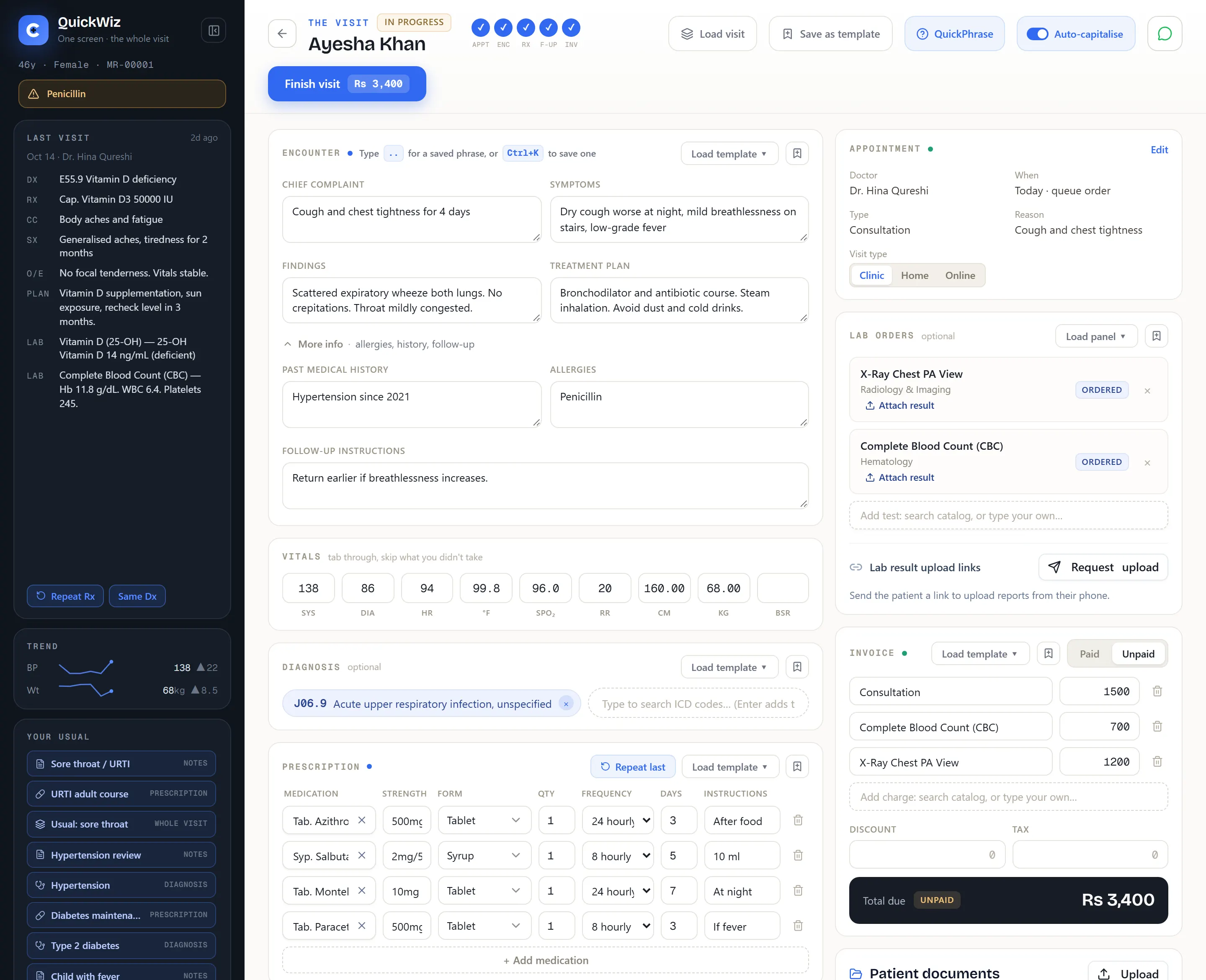 QuickWiz visit screen for Ayesha Khan: last-visit rail, encounter notes, vitals, diagnosis J06.9, four-line prescription, two lab orders and an invoice of Rs 3,400.