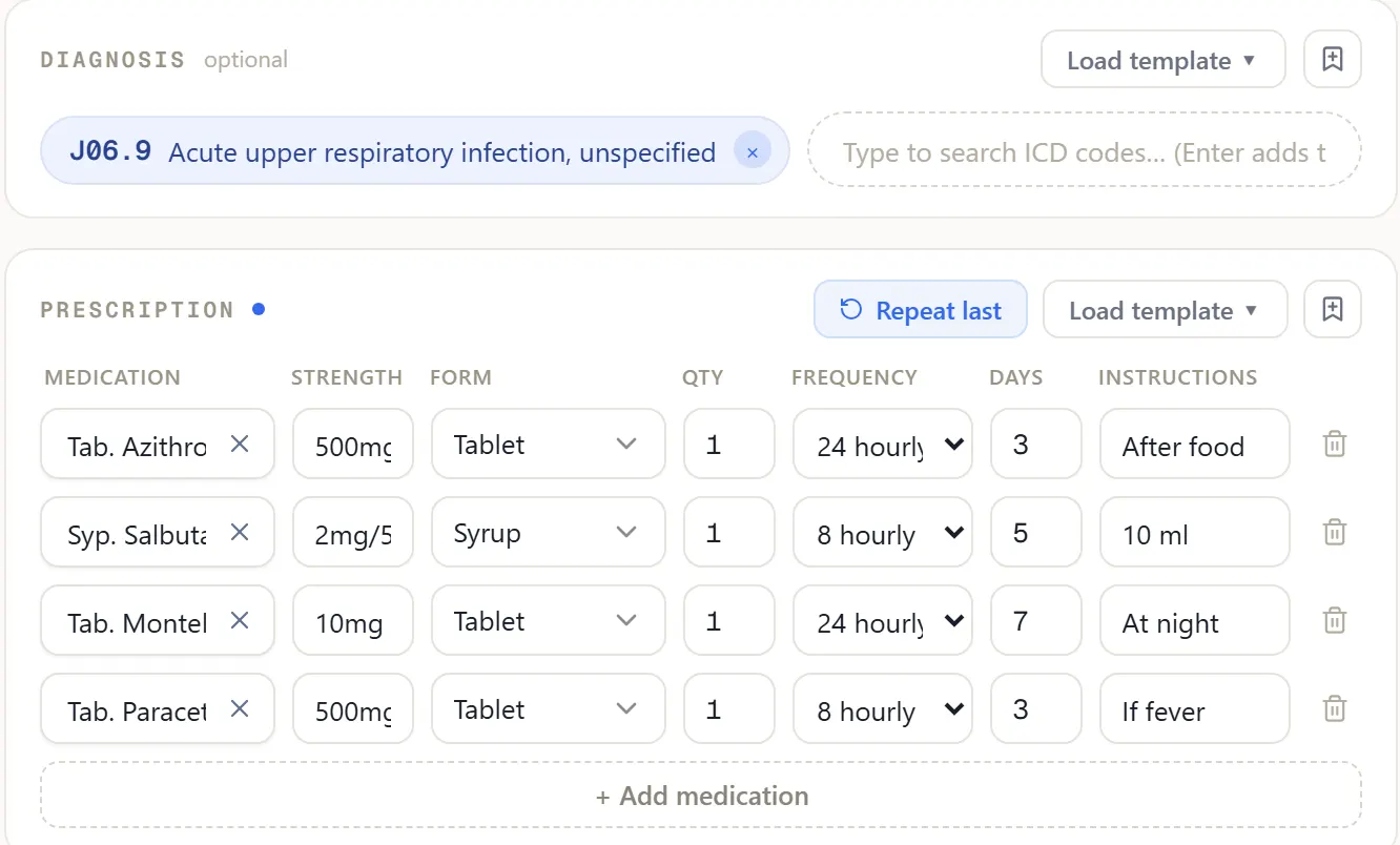 Diagnosis J06.9 and a four-line prescription on the visit screen.