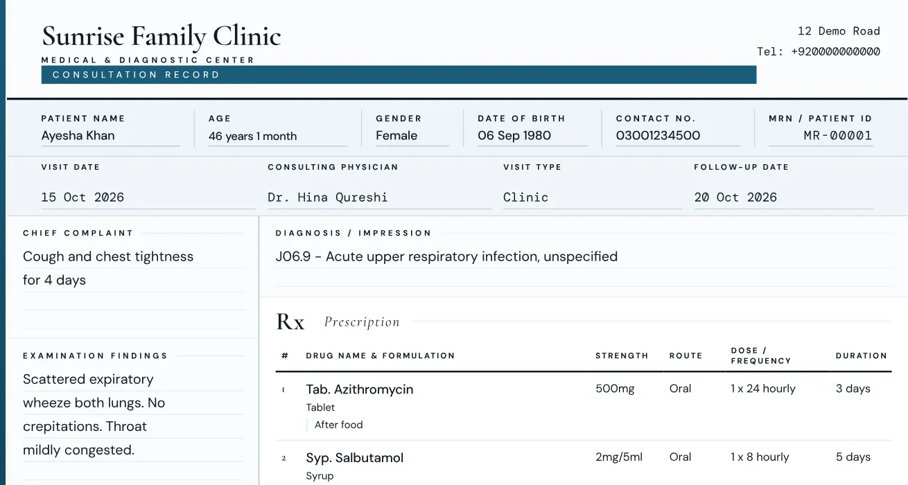 Printed consultation record for Ayesha Khan: diagnosis J06.9 and a four-medicine prescription with dose and duration.