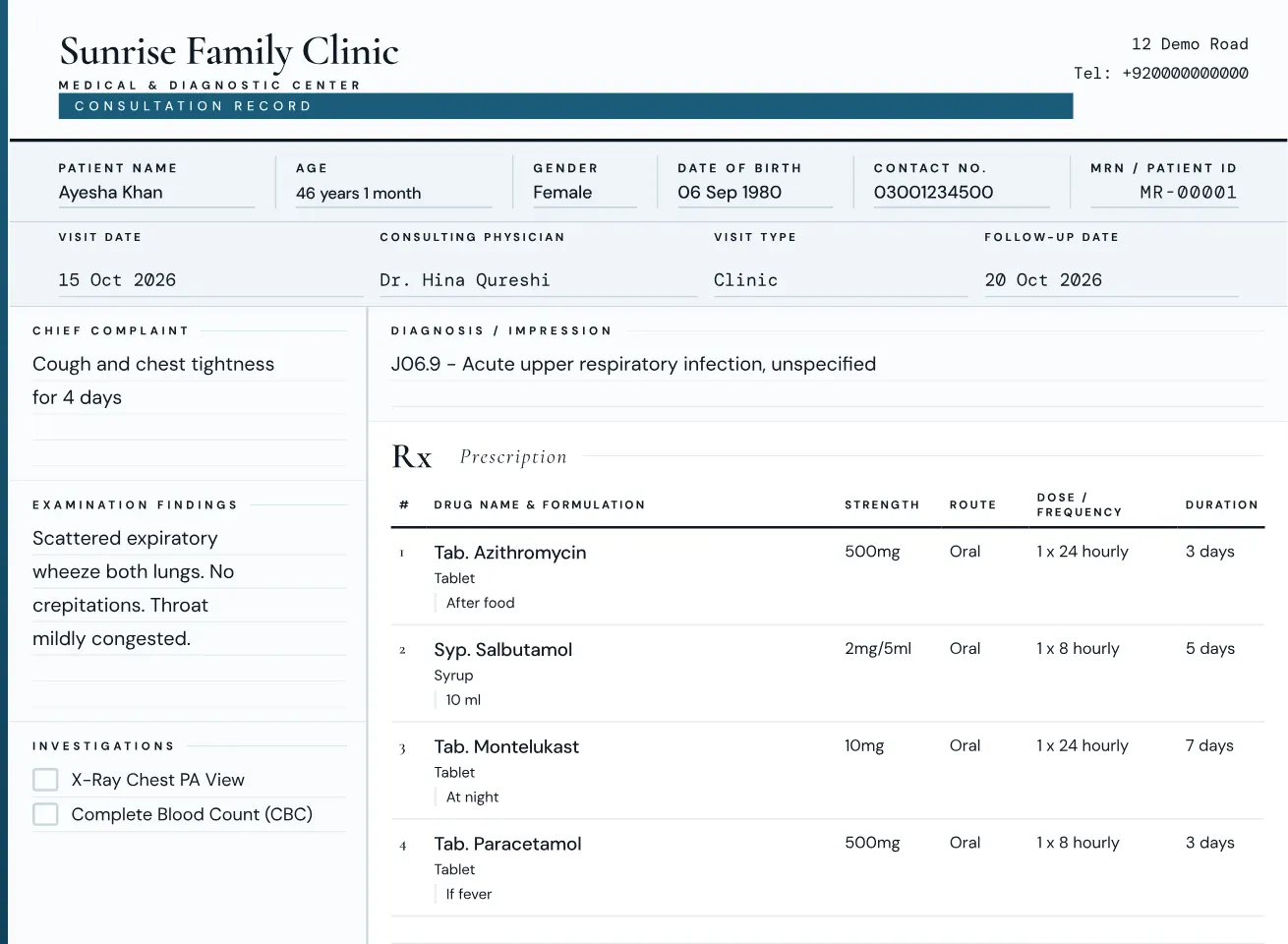 Printed consultation record with diagnosis and a four-medicine prescription.