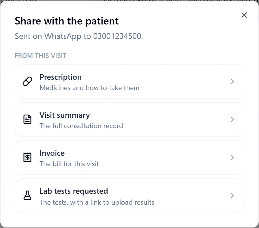 Share with the patient on WhatsApp: prescription, visit summary, invoice, lab tests requested.